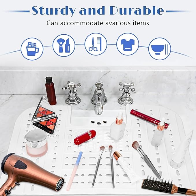 Bathroom Sink Cover for Counter Space, Heat-Resistant Silicone Sink Cover for Makeup Foldable Makeup Mat with Hanging Loop, Space Saver Sink Organizer Mat for Bathroom, 22 * 17" White