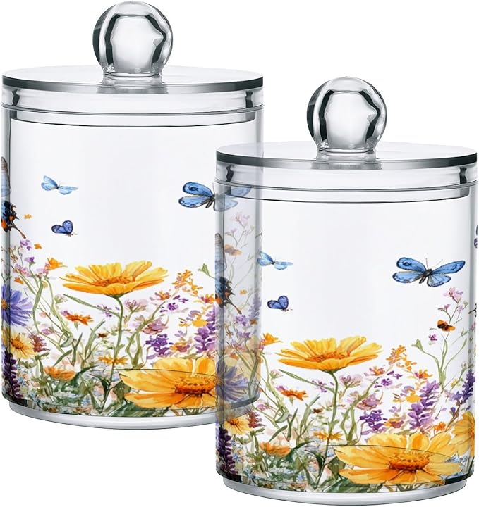 Nander 4Pack Beautiful Spring Wildflowers and Butterflies Qtip Holder Dispenser -Clear Plastic Apothecary Jars Set - Restroom Bathroom Makeup Organizers Containers for Cotton Swab, Ball, Pads, Floss