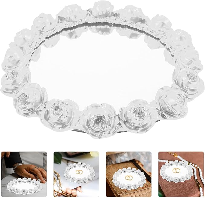 Healifty Mirrored Rose Gold Jewelry Tray Decorative Vanity Organizer Pearl White Perfume Makeup Tray for Bathroom Counter and Dresser Storage
