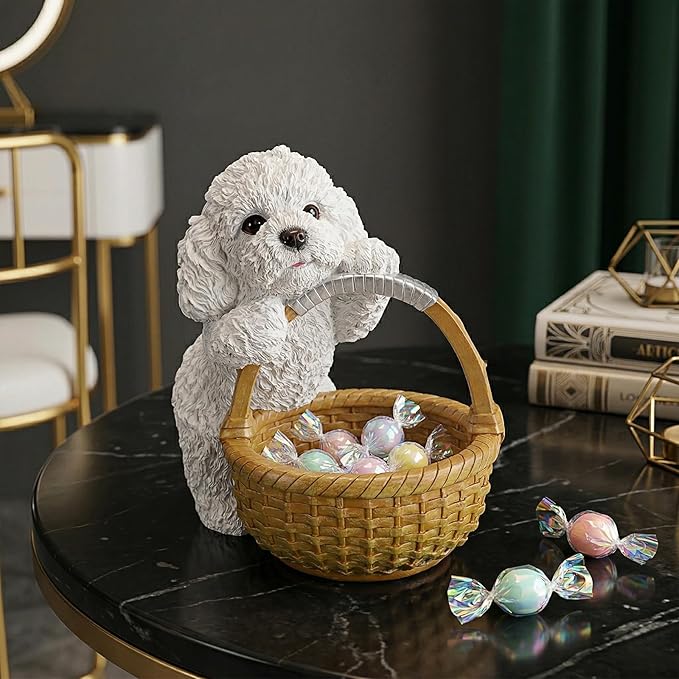 Dog Resin Storage Basket, Desktop Organizer for Remote & Keys, Cute Home Decor Tray, Ideal present for Pet Lovers.(White Poodle)
