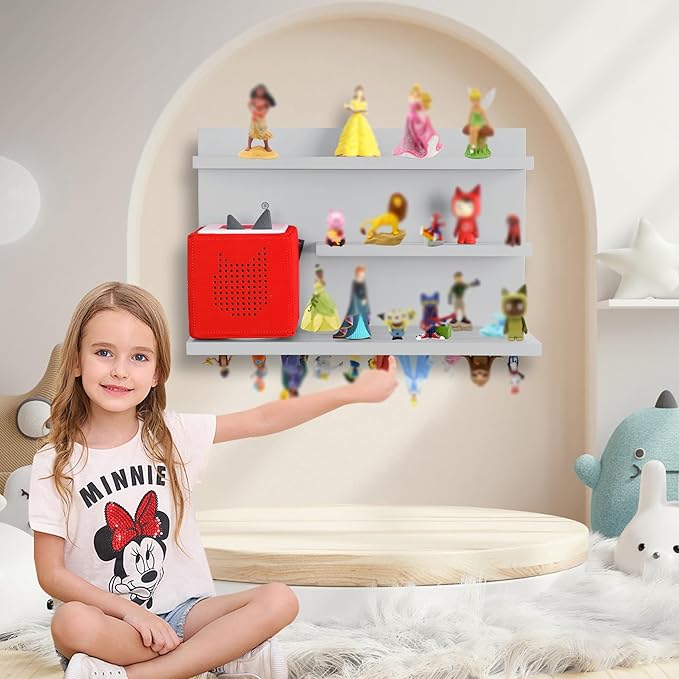 PHOENANCEE for Tonies Shelf Magnetic,for Toniebox Figures Storage Display Shelf (40-48 Character),Wall Floating Shelves,Compatible Charging Station for Children Kid's Room,Pine,3 Tier(Gray White)