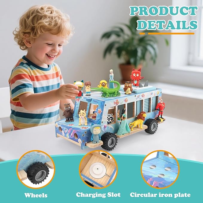Ocean Theme Car for Tonies Box Shelf Storage for Toniebox 1/2 Player Tonies Figures Characters for Children with 35Pcs DIY Adhesive Metal Plate & 3 Ocean Animal Stickers, Rolling Display & Storage