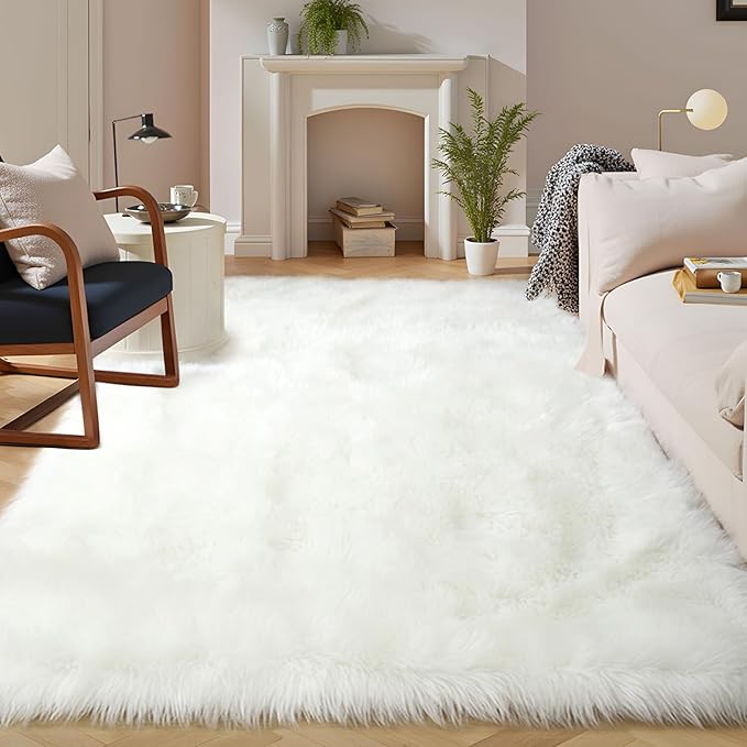 Latepis White Faux Fur 7'10"x9'10" Area Rug, Soft Plush Faux Fur Sheepskin Rugs for Living Room, Washable Fluffy Fuzzy Rug for Bedroom and Living Room, Luxury Room Decor, Rectangle