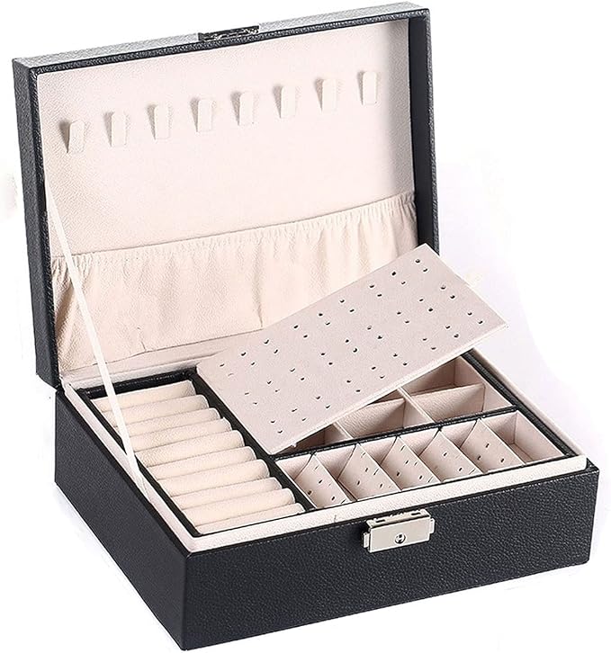 Jewelry storage box Makeup Organizers Jewelry Box,Jewelry Box for Women Large Leather Jewelry Organizer Two Layers with Lock Display for Earrings Bracelets Rings Watches Jewelry Case (B)
