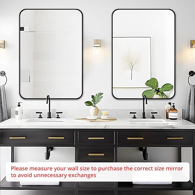 Fabuday Black Bathroom Mirror for Over Sink - 20x30 Matte Metal Framed Wall Mirror, Rounded Rectangular Vanity Mirrors for Living Room, Bedroom, Entryway, Hallway, Horizontally/Vertically