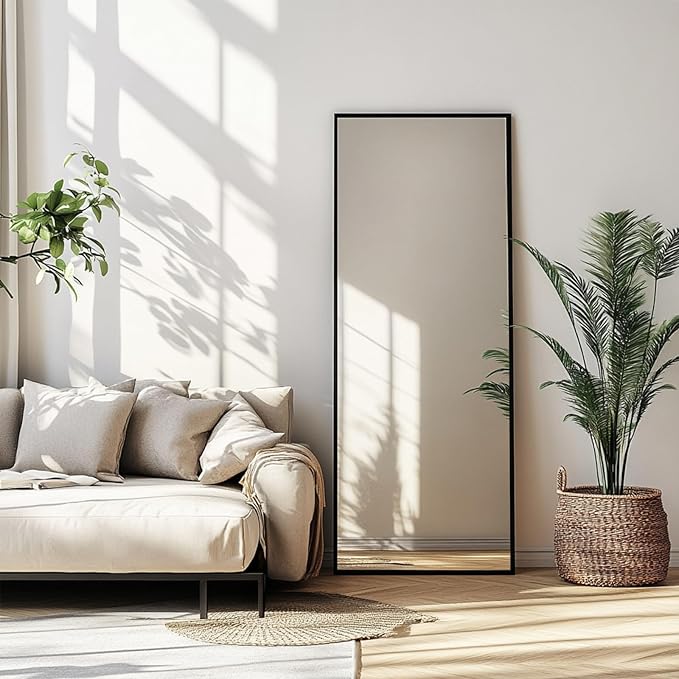 Sunniry Floor Length Mirror, Wall Mirror Full Length with Aluminum Metal Frame, Floor Mirrors for Nursery, Baby Room, Bathroom, Entryway. (48x16 inch, Black)