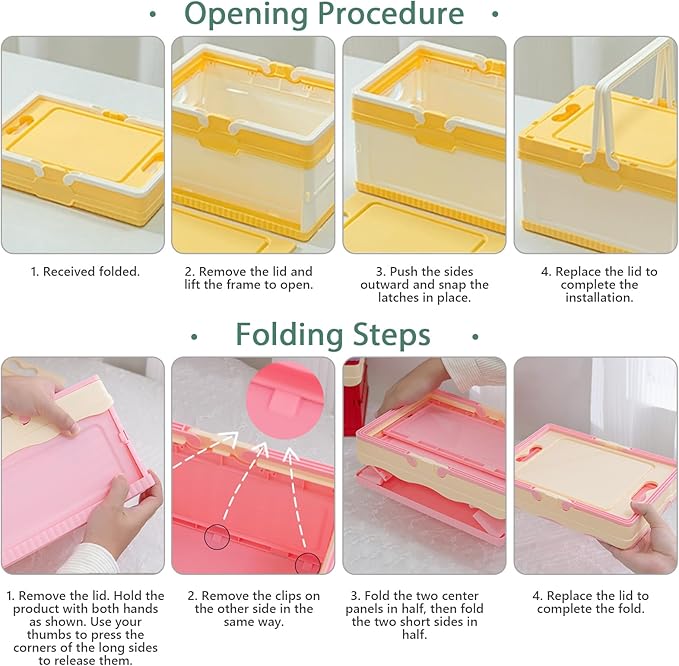 Tobeso-Nuoze Pastel Plastic Storage Bin with Lid Small Cute Foldable Pastel Crates Plastic Basket Colorful Storage Containers Baskets for Classroom Kitchen Office Bedroom Desktop Home Decor (Pink)