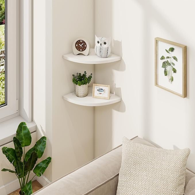 Fun Memories Corner Shelf Wall Mount Set of 2 - Solid Oak Wood Floating Corner Shelf with Cable Hole, 8.5in Rustic Design for Bedroom, Living Room, Kitchen (White)