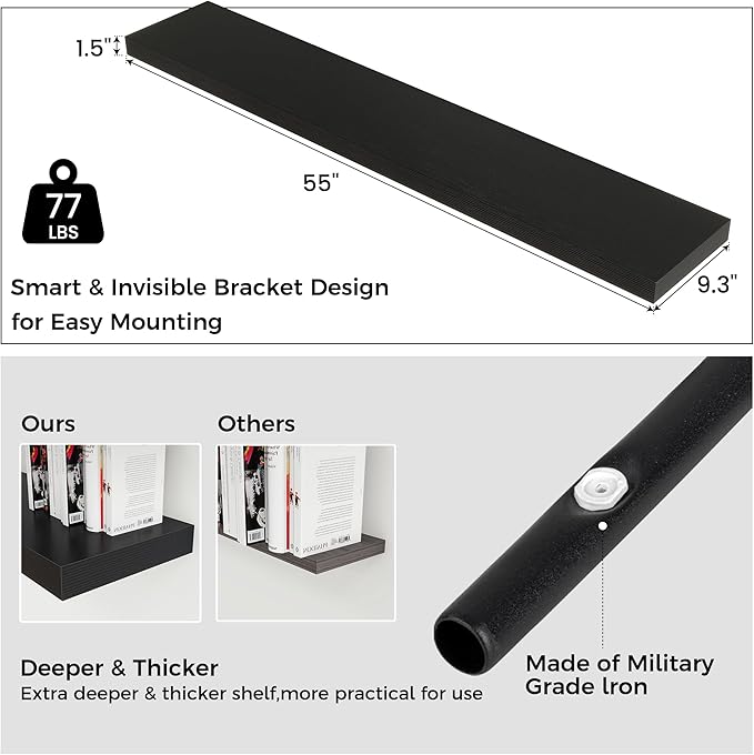 Venusmiles Floating Shelves for Wall, Engineered Wood Wall Shelves with Invisible Brackets for Living Room Bedroom Bathroom Office Kitchen Decor and Storage (Black, 55" W x 9" D x 1.5" H) Set of 1