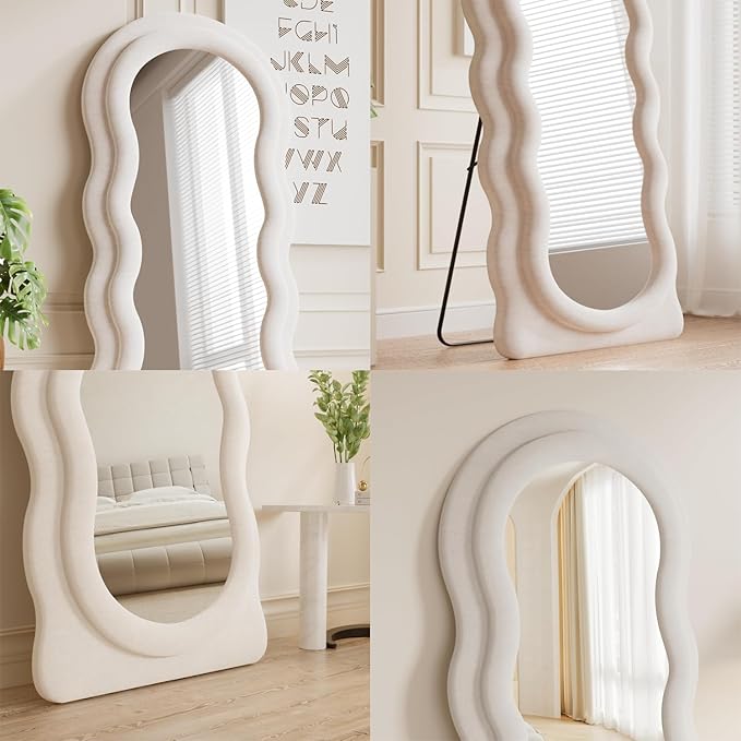 Dewfig Full Length Mirror, 63" x 24"Irregular Wavy Mirror, Large Floor Length Mirrors Wall Mounted, Standing Wavy Mirrors with Flannel Wrapped Wooden Frame for Bedroom/Living Room, White
