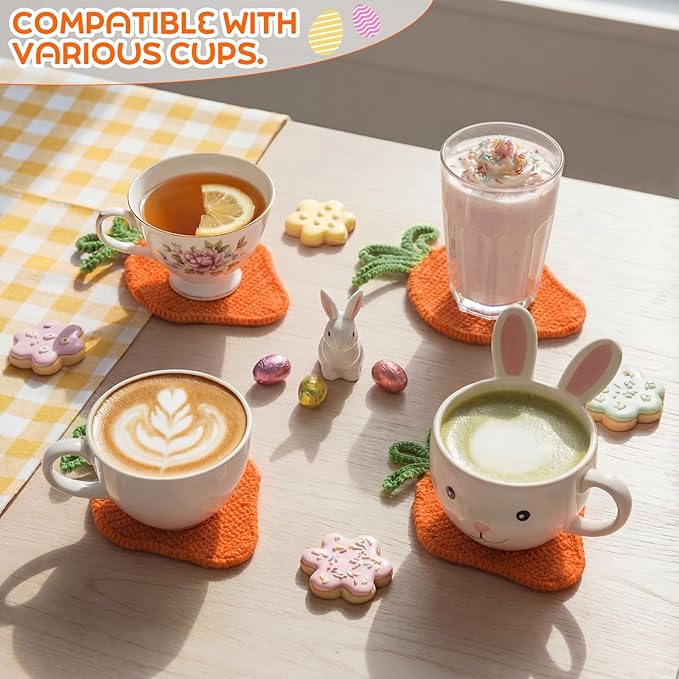 5 Pcs Easter Carrot Crochet Coaster Set with Basket 4.3 Inch Handmade Woven Carrot Cup Pad Mats Gift Kit for Holiday Kitchen Office Bar Desk Table Decoration
