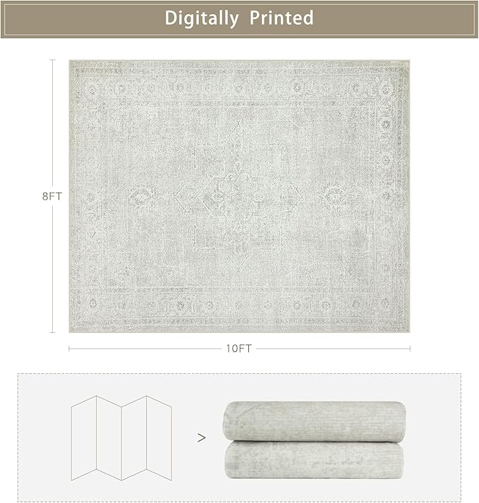 Srugn Washable Rugs 8x10 Area Rugs for Living Room,Bedroom,Dining Room- Large Ultra Soft Faux Wool Retro Carpets,Non Slip&Non-Shedding Low Pile Vintage Carpet for Home Office,Concrete Grey