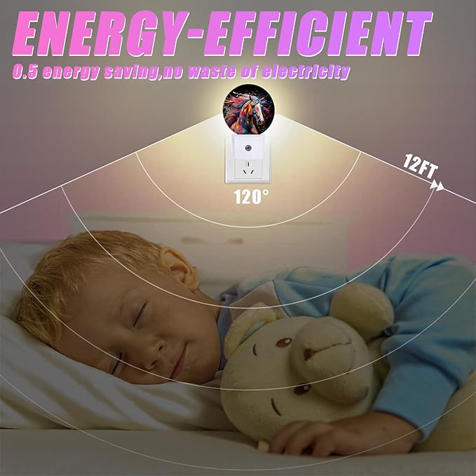 Colorful Horse Night Light Night Lights LED Lamp Round Plug into Wall Nightlight with Dusk to Dawn Sensor Home Hallway Stairway Kitchen Decor