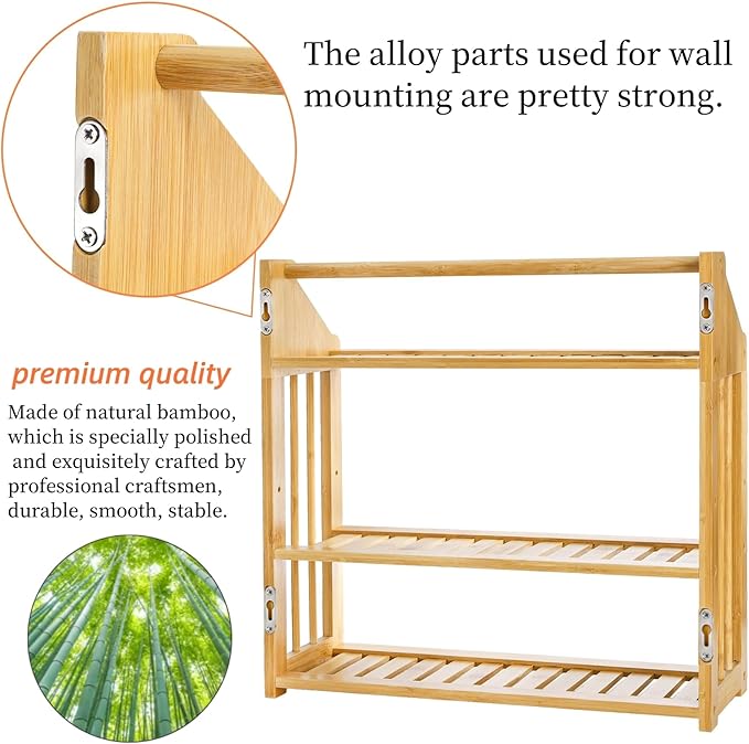 Goaste Bamboo Over The Toilet Storage Shelf, 3-Tier Wall Mounted Bamboo Rack Organizer, Floating Rack with Hanging Rod, Free Standing Shower Shelf with Adjustable Layer for Kitchen, Bathroom, Home