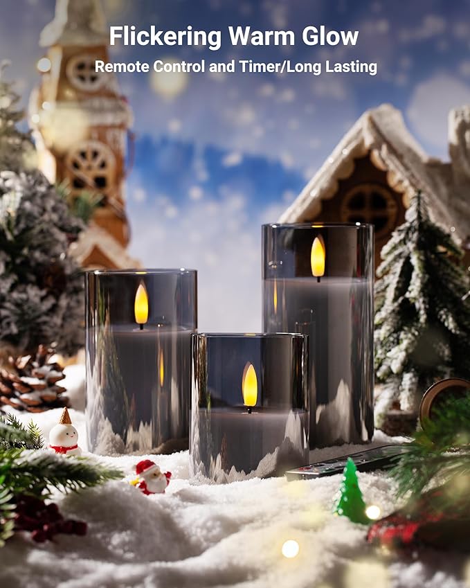 Stmarry Glass Flameless Candles with Remote and Timer, Flickering Real Wax LED Pillar Candles Battery Operated with 3D Flickering Flame - 3" x 4",5",6" - Set of 3 (Gray)