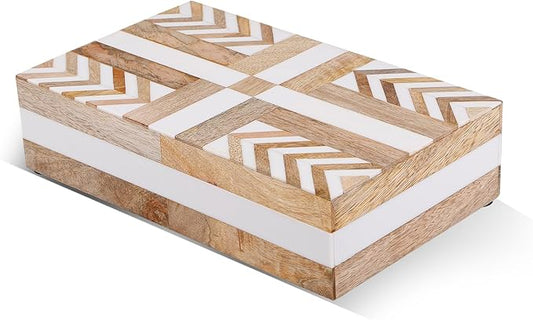 Handicrafts Home White Decorative Storage Box with Lid Wood Remote Control Box Coffee Table Storage Box Remote Holder for Living Room Decor – Resin Inlay Patisserie Adorn Collection- 8x5x2