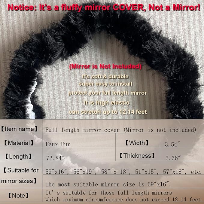 Fluffy Mirror Cover - 59"x16" Full Length Stretch Universal Ultra Soft Non-Slip Cover Warm Home Decor for Bedroom Cloakroom (Black-Without Mirror, Suitable for 59"×16")