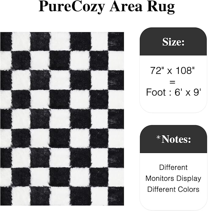 PureCozy Checkered Rug 6x9 for Living Room, Black and White Modern Shag Rugs Super Soft Washable Indoor Office Fuzzy Carpet Non-Slip Fluffy Rugs for Bedroom Home Aesthetic Decor