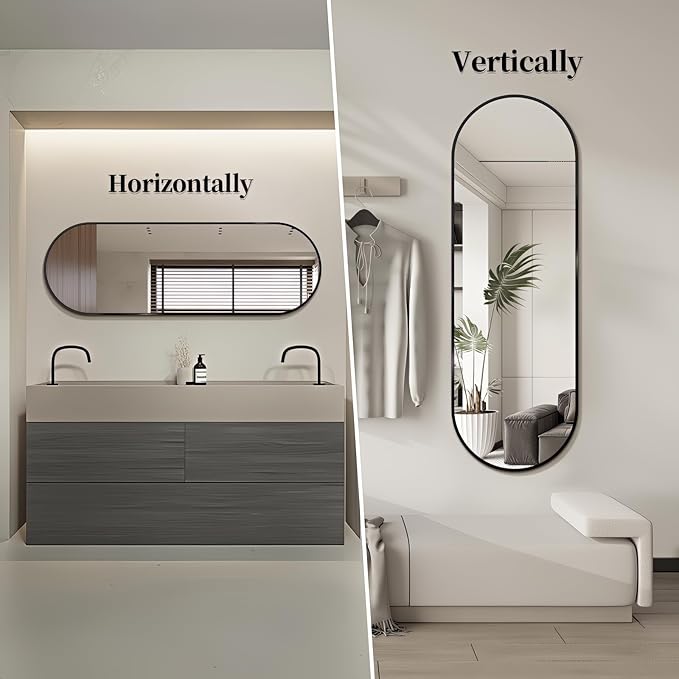 Oval Full Length Mirror, 55"×18" Wall-Mounted Mirror with Black Frame, Ultra-Clear Explosion-Proof Dressing Mirror, Simple and Classic Deco for Cloakroom/Bedroom/Living Room