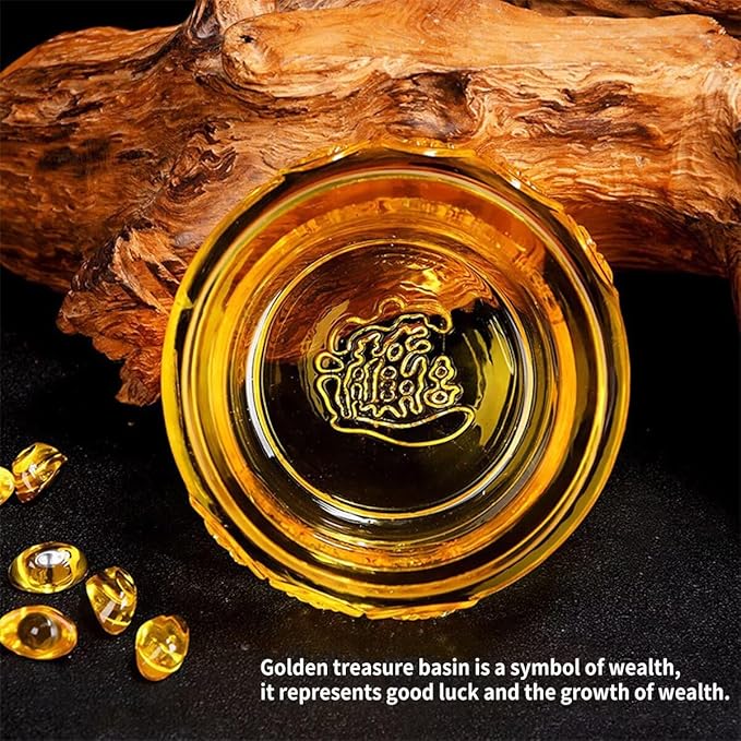 Feng Shui Golden Treasure Basin Lucky Money Toad and About 30 PCS Ingot Yuan Bao, 3in Crystal Glass Treasure Basin, 2in Golden Toad Ideal Adornment for Attracting Wealth, Office Home Decor