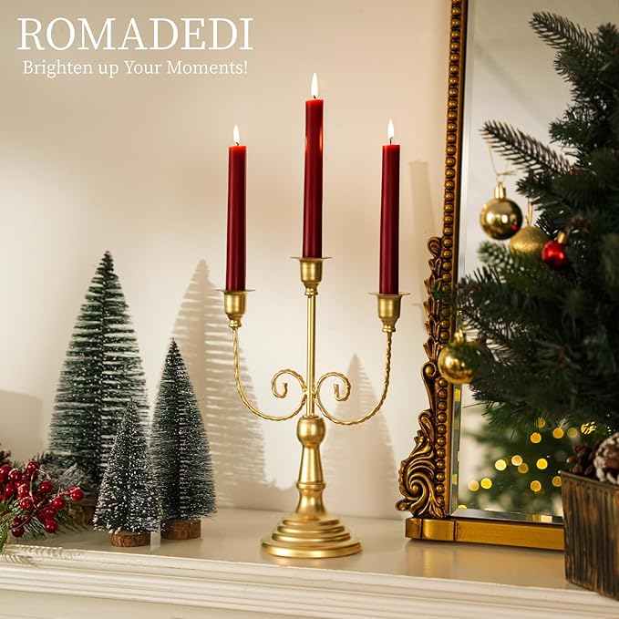 Romadedi Candelabra Gold Candle Holders - 3 Arm 11.8" Wedding Candlestick Holder for Theme Party Table Centerpiece Decor Dining Room Birthday Holiday Christmas, Set of 2