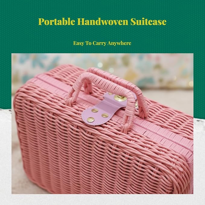 Woven Suitcase Imitation Rattan Storage Basket Gift Box Rustic Picnic Suitcase Handwoven Storage Case for Travelling Bathroom, Pink M