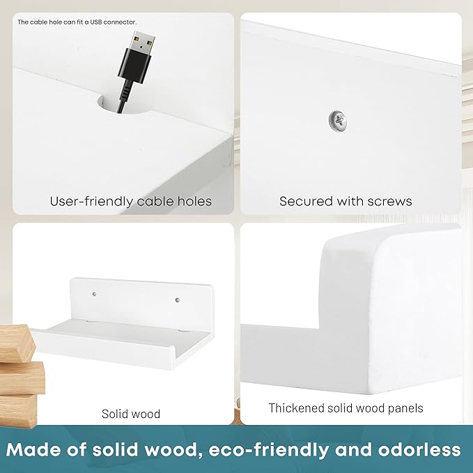 Floating Wall Shelves Set of 2, 12-Inch Solid Wood Shelves with Cable Holes, Small Display Shelf for Router, Webcam, Smart Speaker, Camera – White