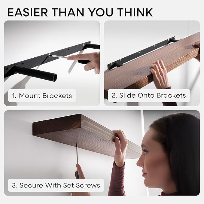 Homeforia Classic Walnut 36 inch Floating Shelf, High End Solid Real Wood Small 36inch Floating Shelves for Wall Mounted, 36in Floating Shelves, Heavy Duty Bracket, 36 X 6.5 X 1.75 inches, Set of 3