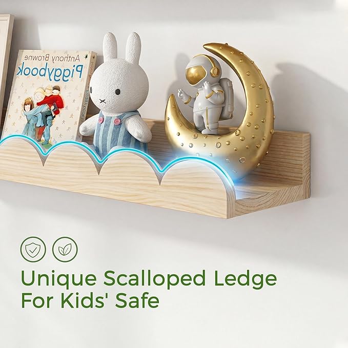 24 Inch Floating Shelves for Wall, 4-Pack Nursery Book Shelves with Hooks, Scalloped Shelves, Wall Book Shelves for Kids Room, Baby Room, Bedroom, Nursery Decor