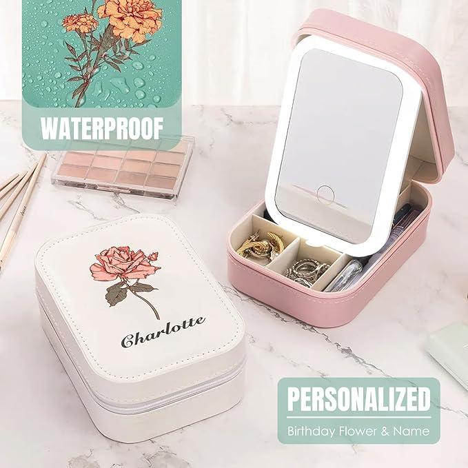Personalized Travel Jewelry Case with Led Mirror Custom Makeup Mirror with Birth Flower and Name Leather jewelry Organizer Personalized jewelry Box Birthday Christmas Gifts For Women Girls