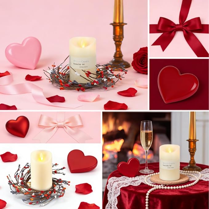 Daifunli 2 Pcs Valentine's Day Primitive Berry Candle Ring 3.9 Inch Rustic Farmhouse Red Berries Candle Ring Wreath for Pillar Candles Holder for Valentine Spring Table Centerpiece Decor