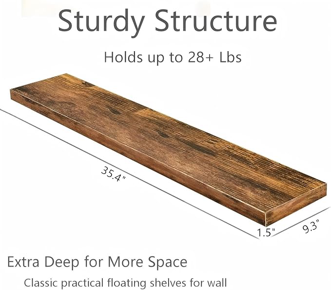 Vervida® Floating Shelves for Wall 35.4" Extra Long - Wall Shelf Bathroom Kitchen Living Room Bedroom Farmhouse Home Decor Display Bookshelf Large 35.4 x 9.3 inch Set of 3, Rustic Brown