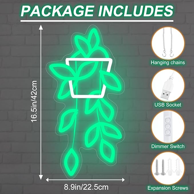 Flowerpot Neon Sign for Wall Decor, USB Light Up Sign for Home Bedroom Party Bar Flower Shop Decor Wedding Birthday Party Gifts for Her Him, 16.5"x8.9"