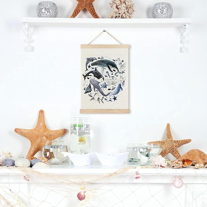 RYYCDOI Ocean Marine Life Wall Art, Sea Animal Whale Dolphin Turtle Shark Poster Hanger Frame for Kids Room Nursery Bathroom Decor, Under the Sea Decor, 12x16 Inches