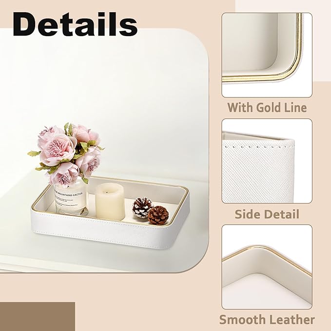 Hipiwe Decorative Perfume Tray PU Leather Valet Trays Bathroom Vanity Tray Catchall Trays Bedside Nightstand Organizer for Dresser Earrings Trinket Jewelry Holder, 9.5" x 6.1" x 1.5"