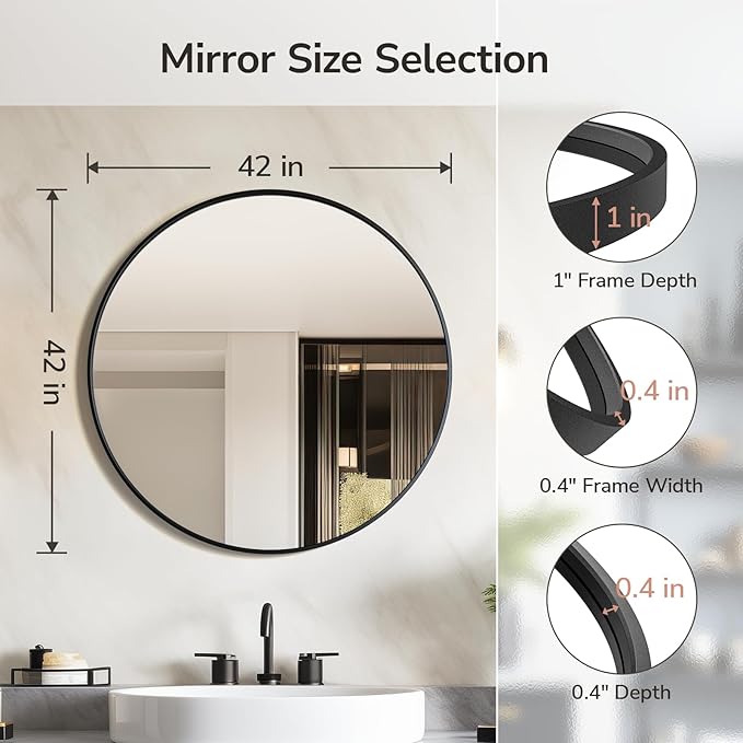 USHOWER Bathroom Mirrors for Over Sink, 42 Inch Circle Mirror with Metal Frame, Black Wall Mirror for Vanity, Entryway, Living Room, Hallway and Bedroom Decor