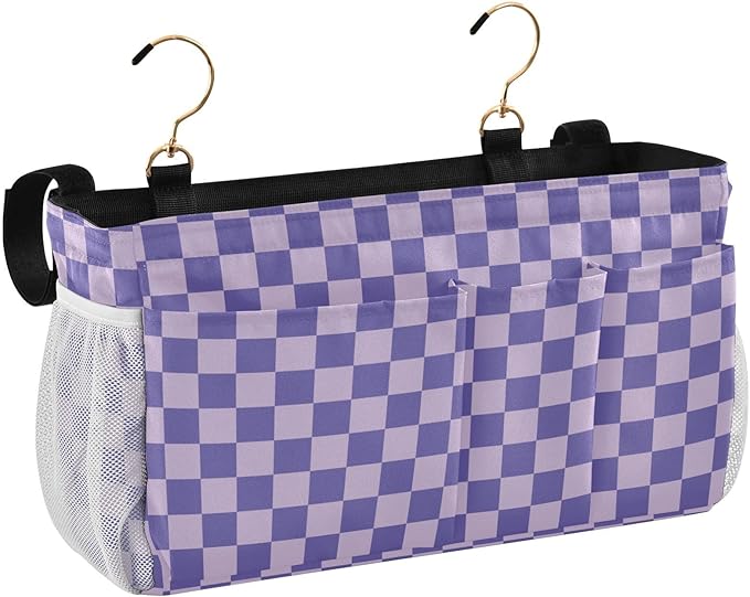 Purple Checkerboard Print Bedside Caddy Storage Bag Bedside Organizer for Bunk Bed Headboards College Organizer Caddy Hanging Shelf 6 Pockets with Hooks for Drinks Magazine Phone Holder