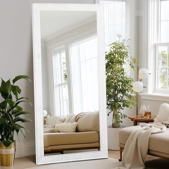 Oversized White Full Length Mirror 71"x32" - Solid Wood Beveled Frame Wall Leaning or Hanging Mirror - Rustic Farmhouse Style for Bedroom, Entryway, Living Room