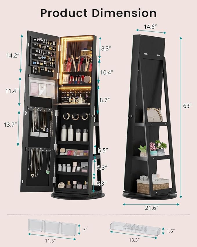 Vlskra Full Length Mirror with Storage, Lockable Jewelry Mirror Cabinet, Large Standing Jewelry Armoire with Mirror for Bedroom, Space Saving, Anti-Tangle Necklace Organizer for Women, Black