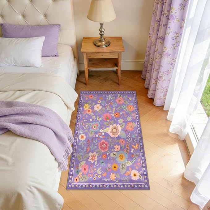 RELEANY Floral Nursery 2x4 Area Rugs Washable Print Boho Cute Carpet Non Slip Flower Low Pile for Living Room Kids Girls Playroom Bedroom Kitchen Office Farmhouse-Purple/Pink/Multi