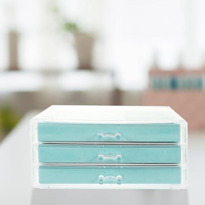 Beaupretty 3-drawer Blue Acrylic Jewelry Organizer Box Multi-layer Makeup Storage Case with Earring and Ring Compartments for Women’s Travel and Home Use