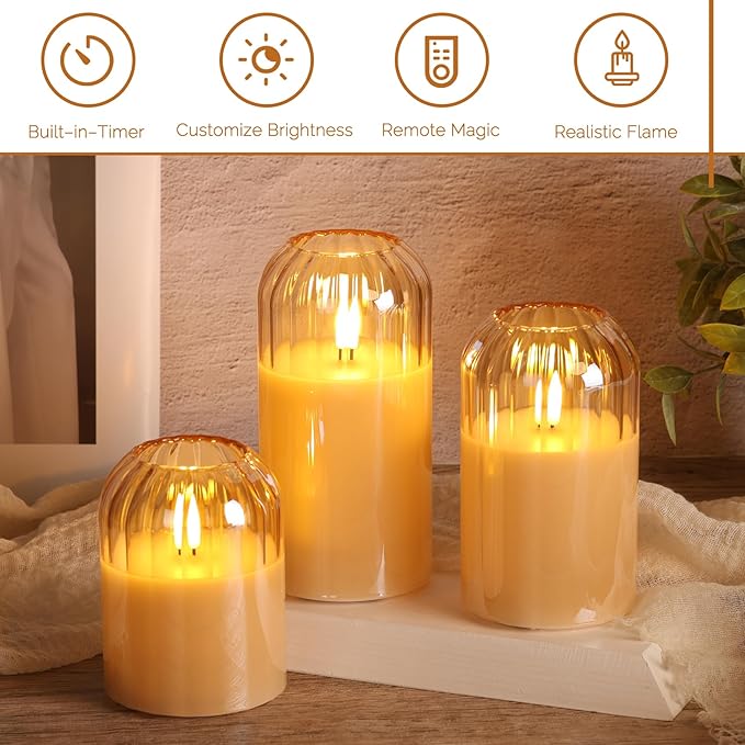 Gold Glass Flameless Candles with Remote, Real Wax Flickering Battery LED Pillar Candles Set of 3