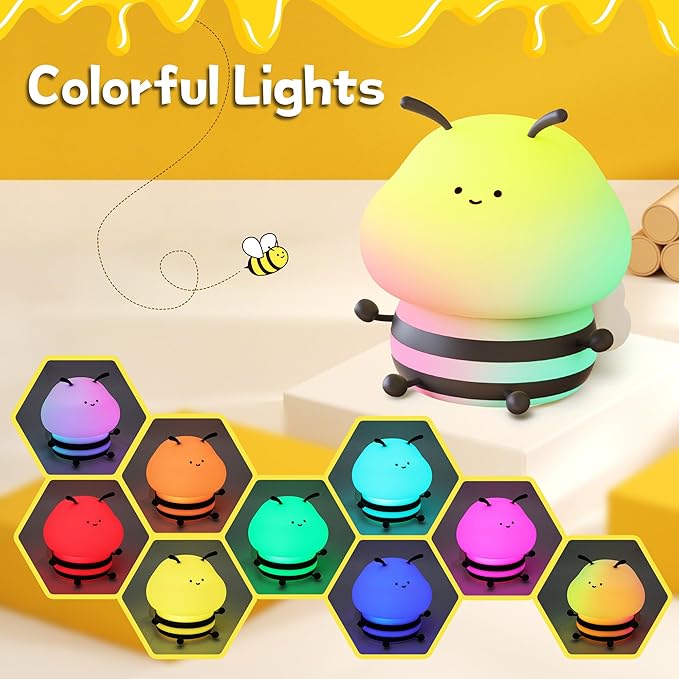 OkiyiD Bee Gifts, Cute Bee Night Light, Animal Silicone Nursery Lamp with Dimming and Timing Function, 9 Lighting Effects, Cute Room Decor Lights
