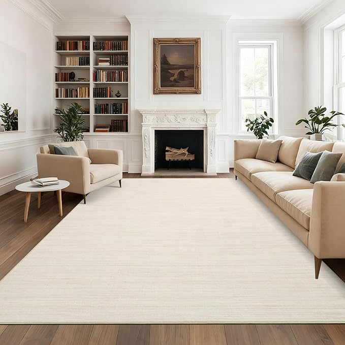 Modern Solid Color Area Rug 10x13 Large Living Room Area Rug Washable Abstract Bedroom Rugs Non Slip Boho Dining Room Throw Carpet Soft Stain Resistant Minimalist Rugs for Nursery Home Office, Ivory