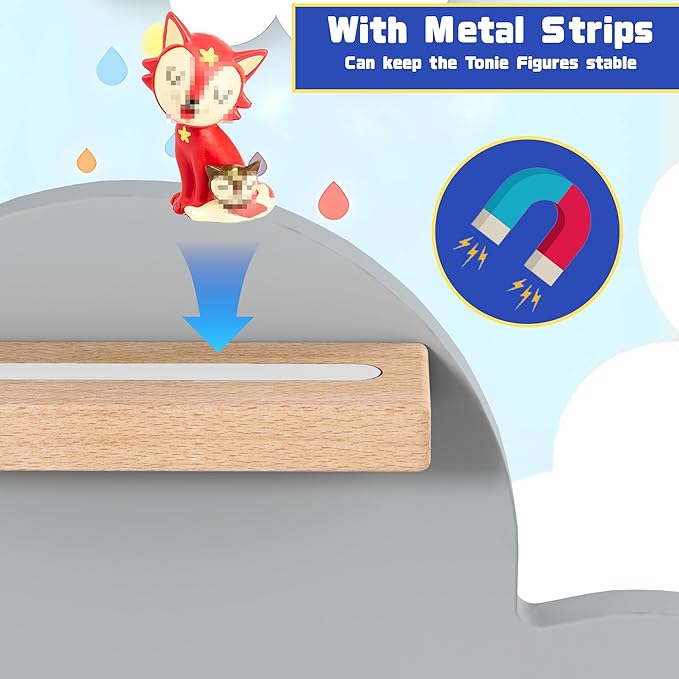 Grey Cloud Tonie Shelf Wall Mounted, Magnetic Floating Shelves for Toniebox, Tonies Characters, Wooden Tonie Storage Shelf for Kids Room