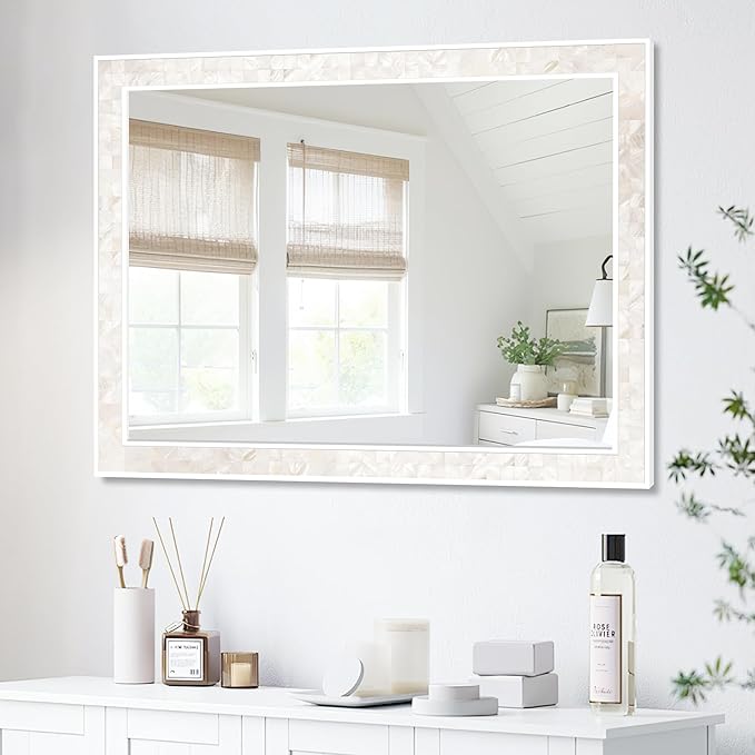Tanmicoshomy White Shell Framed Rectangular Mirrors for Bathroom, 30x48 Inch Lagre Mirrors with Tempered Glass for Bedroom Living Room or Entryway, Horizontal or Vertical Hanging
