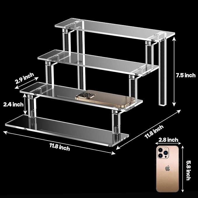 Acrylic Tiered Display Stand Shelf, 12”Perfume Stand Organizer, Large Acrylic Display Riser, Clear Pop Shelf for Perfume Cologne Makeup Dessert Collectibles Decoration (3 Pack)