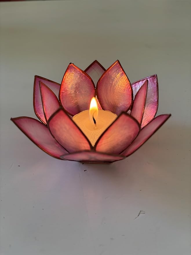 Om Gallery Capiz Shell Lotus Flower Decor Tealight Candle Holder for Serene Ambiance -Decorative Natural Shell Mini Candle Holders for Meditation, and Relaxation, Flamingo