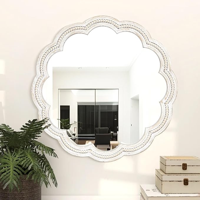 24 Inch Round Wall Mirror, Whitewashed Wooden Frame with Scalloped Edge & Beaded Trim, Decorative Farmhouse Boho Mirror for Bedroom, Bathroom, Living Room, Entryway