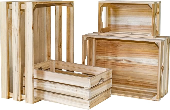 Large Wooden Crates Unfinished Set of 4 Decorative Storage Box with Handles, Rustic Farmhouse Wooden Crates for Display, Living Room Container Basket Box for Kitchen, Pantry, Bedroom